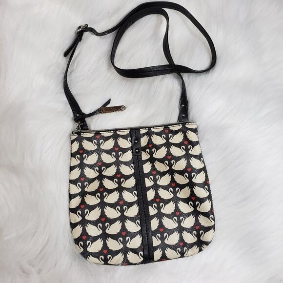 Relic Handbags - Relic black with swan and hearts print crossbody purse